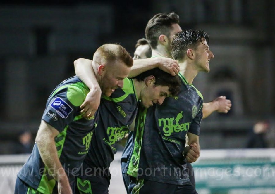 Goalscorer Ayman Ben Mohamed is mobbed by team-mates against Bray Wanderers - by Eddie Lennon