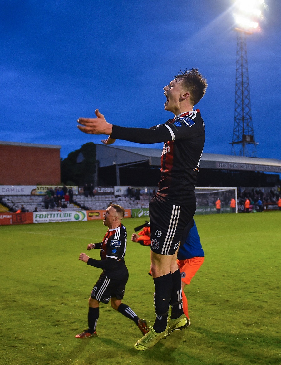 Andy Lyons celebrates Dublin derby win against Rovers earlier this month - Sportsfile
